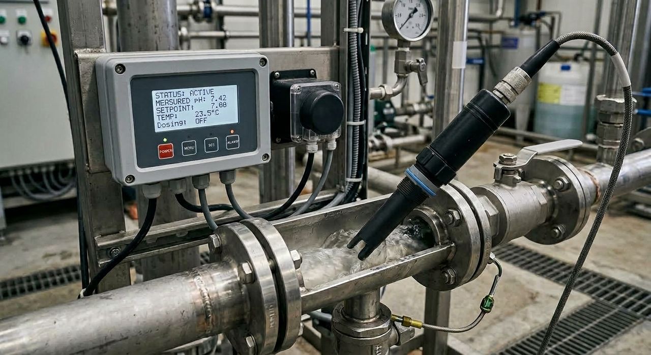 Controlador e sensor de pH em linha de processo