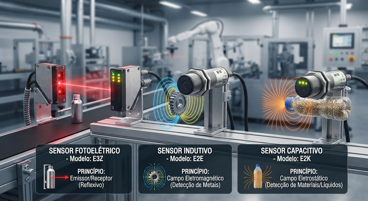 Sensores fotoelétrico, indutivo e capacitivo em linha de automação