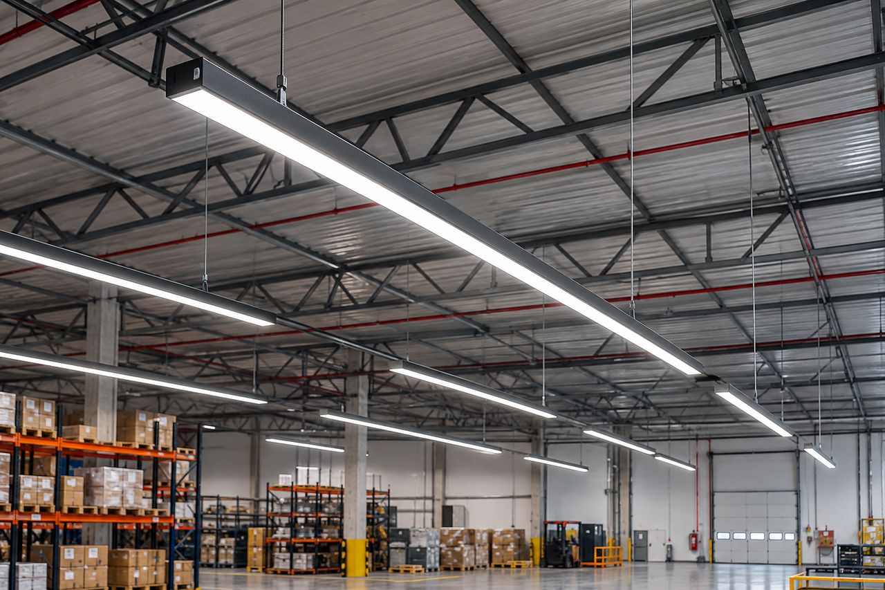 Luminárias LED lineares instaladas no teto de um galpão