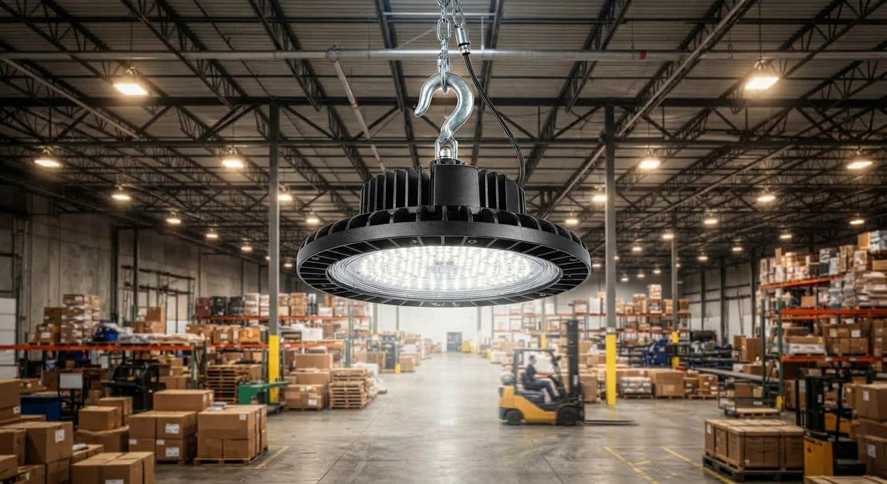 Luminária high-bay LED suspensa em galpão logístico