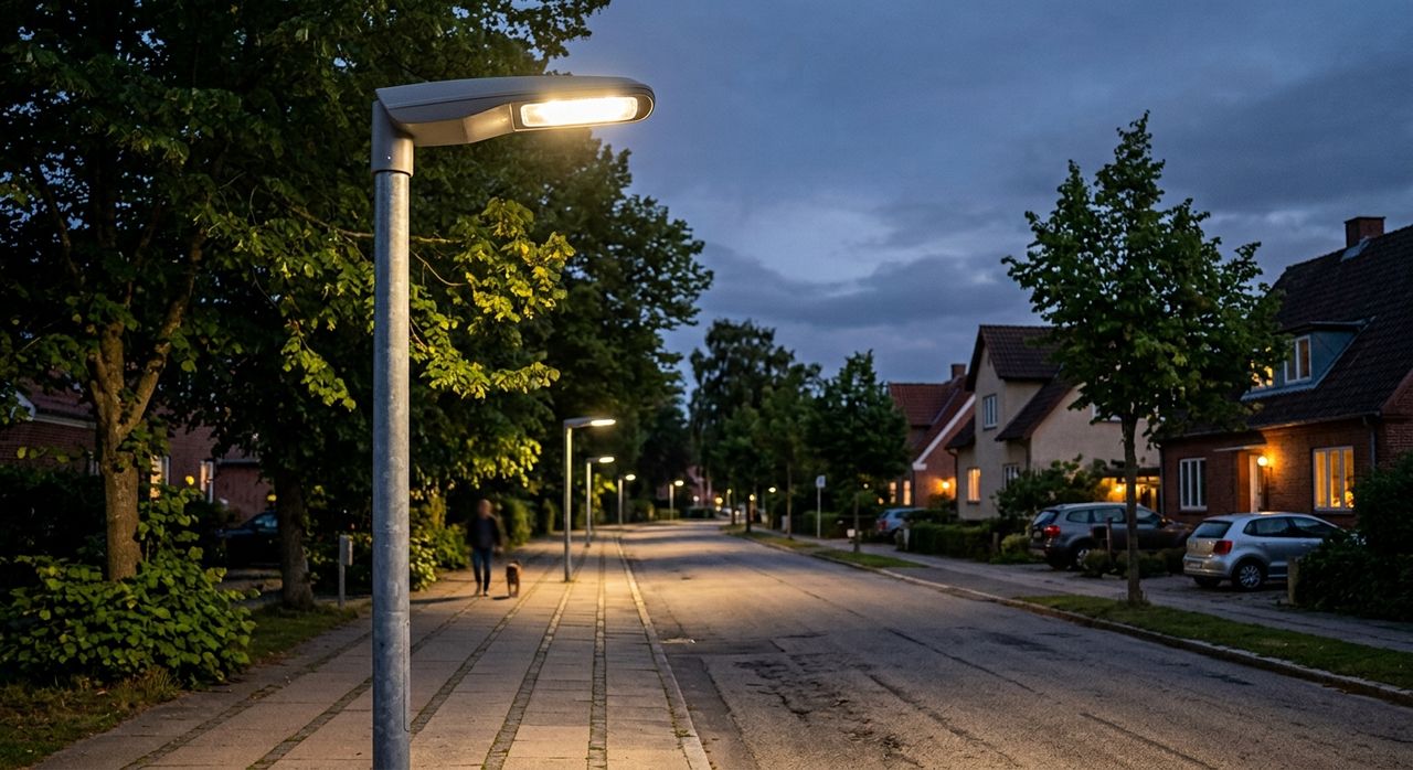 Luminária de iluminação pública em rua residencial ao anoitecer