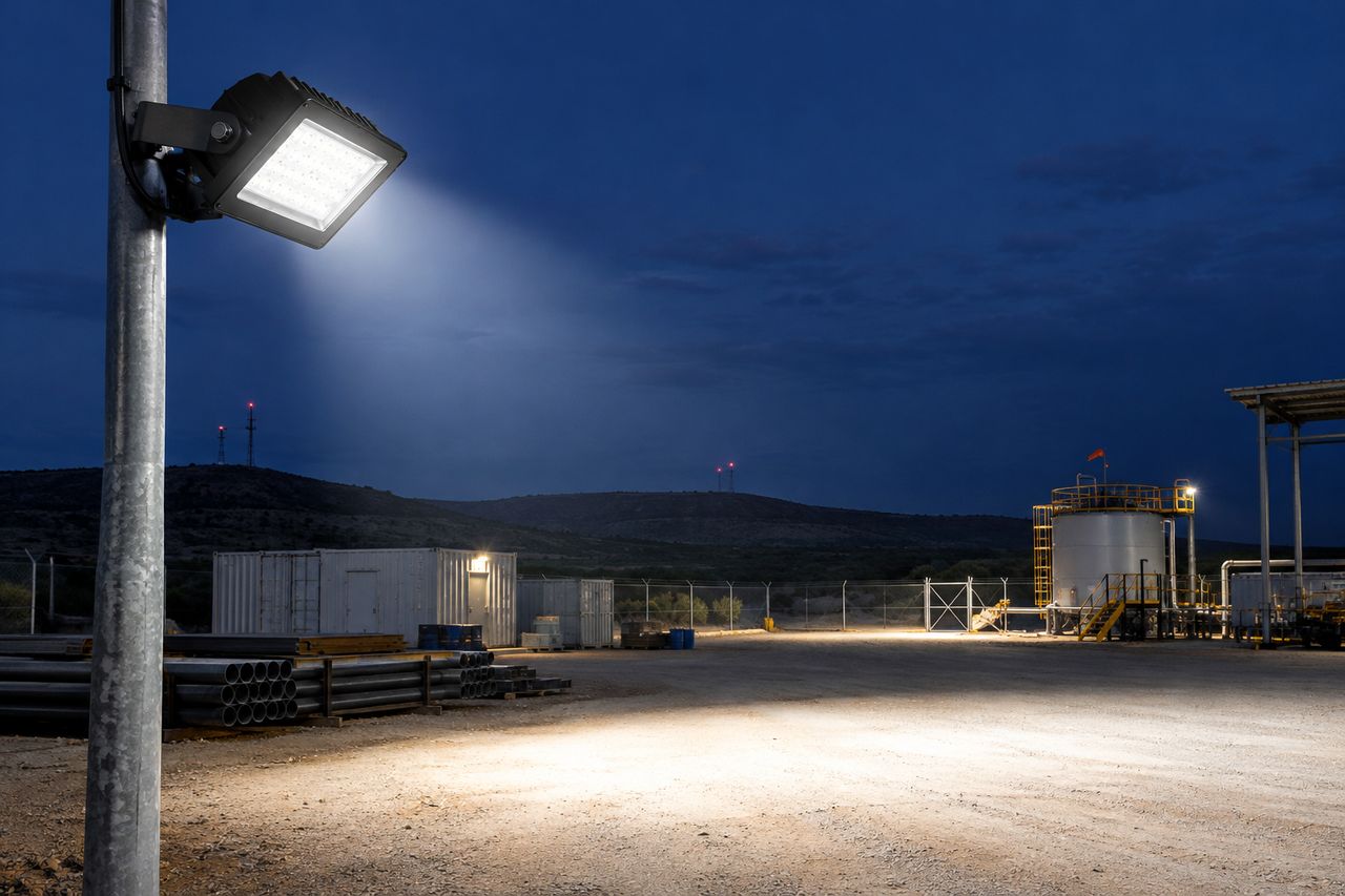 Projetor LED iluminando pátio externo à noite